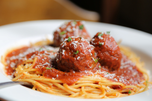 Plate of spaghetti and meatballs at Villa Romana