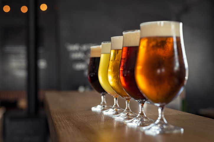 Draught beer in glasses on a bar