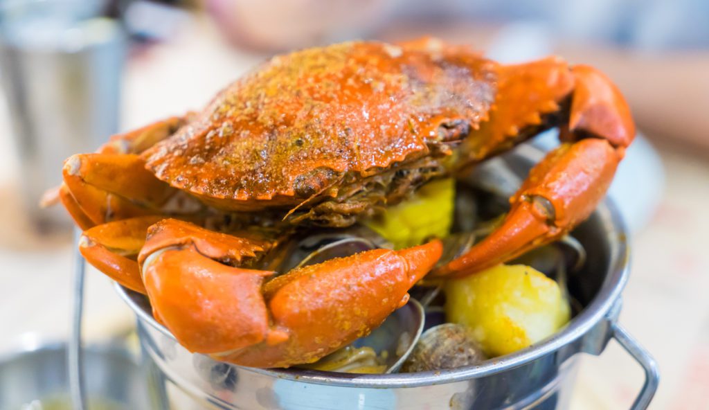 Giant red crab cooked in a bucket at one of our many murrells inlet marshwalk restaurants. 